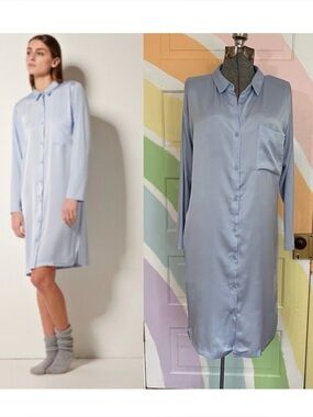 Pluto Luxury Belgian Nightgown Baby Blue Satin & Modal Sleep Shirt Dress 42/L 💛🎀